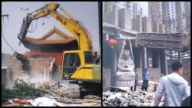 Captura de pantalla de un video publicado en WeChat en el que se muestra el Templo de Zhantan destruido.