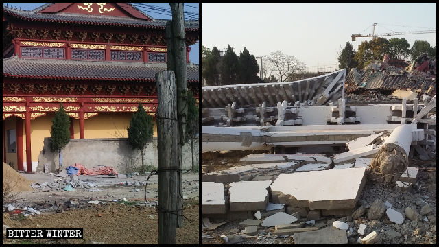 Sala principal del Templo de Xi antes y después de ser demolida.