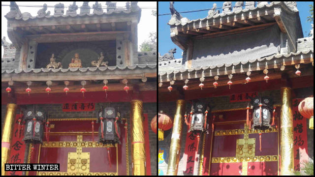 Tres pequeñas estatuas situadas sobre la entrada del Templo de Lingying fueron cubiertas con un paño.