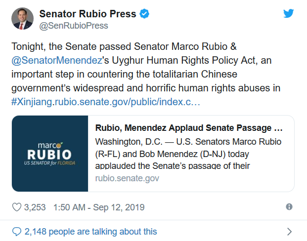 En la noche entre el 11 y el 12 de septiembre, el senador Marco Rubio tuitea acerca del importante voto en el Senado