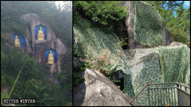 Las estatuas budistas están ocultas bajo telas de camuflaje.