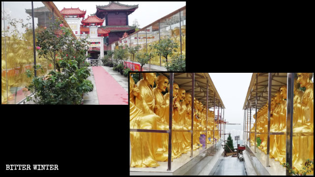 Más de 400 estatuas budistas situadas alrededor del Templo de Arhat fueron colocadas detrás de una estructura de vidrio.