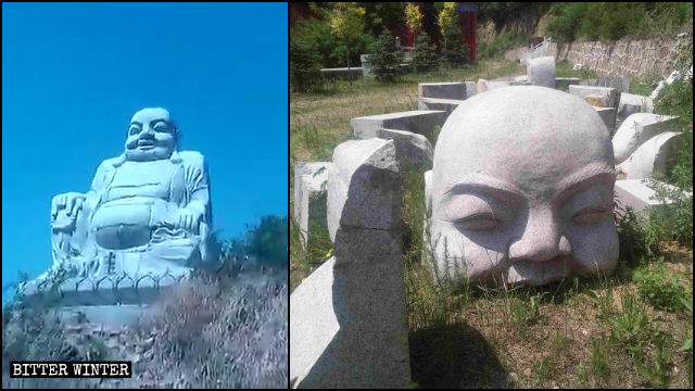 Estatua de deidade budista situada en el poblado de Baiqi antes y después de ser demolida.