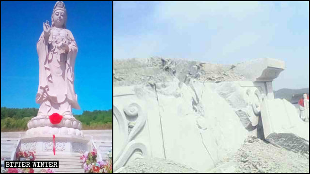 Estatua de Kwan Yin situada en el Templo de Qingyun antes y después de ser derribada.