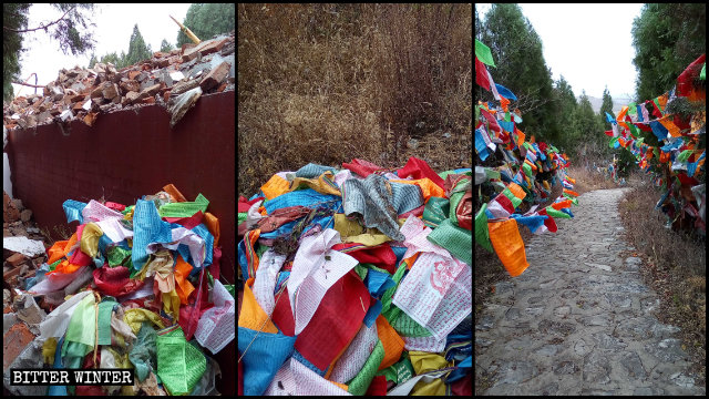 Fueron quitadas las banderas de plegarias tibetanas que se encontraban alrededor de las estupas.
