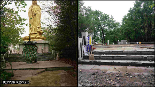 La estatua de Linhai Kwan Yin antes y después de ser demolida.