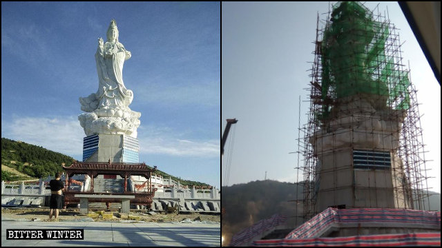 La estatua de Kwan Yin que se encontraba situada en la montaña de Tianzhu está siendo demolida.