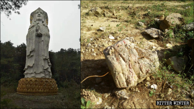 Una estatua masculina de Kwan Yin de 21 metros de altura, situada al aire libre, fue demolida.