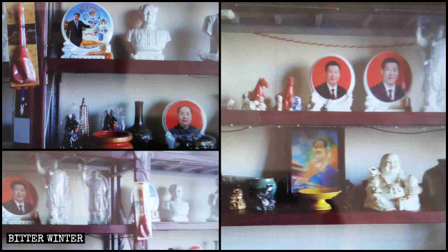 Estatuas y retratos de Mao y Xi en lo que solía ser una tienda de suministros budistas.