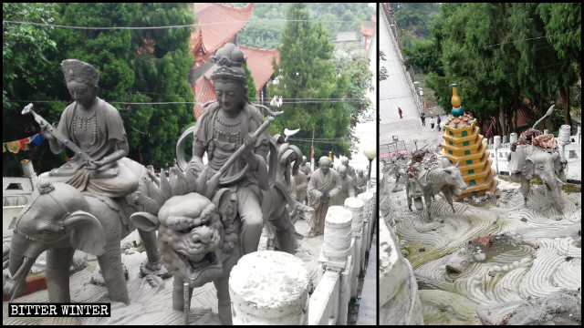 Las estatuas de arhats que se encontraban situadas fuera del templo de Luohan fueron demolidas poco después de haber sido instaladas.