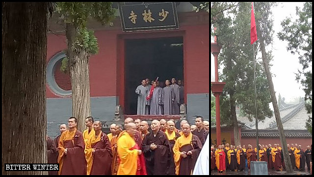Los monjes del Templo Shaolin forman filas para participar en una ceremonia de izamiento de la bandera.