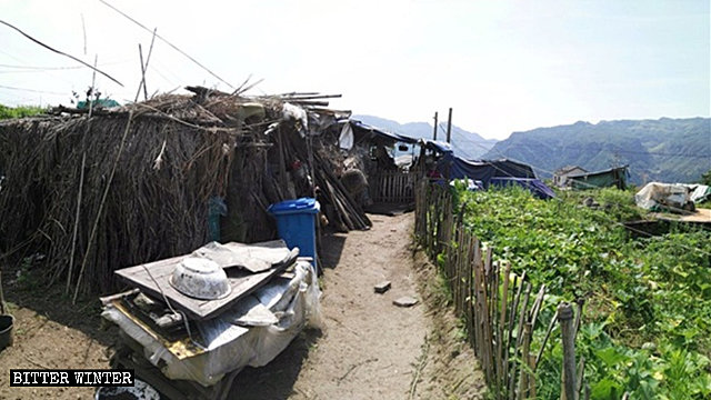 Uno de los cobertizos de bambú donde viven más de 30 ancianos.