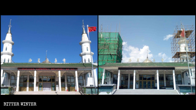 Dos minaretes de la mezquita de Xixia están siendo preparados para ser removidos.
