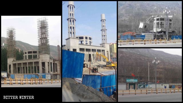 La mezquita emplazada en el condado de Minhe antes y después de la demolición.