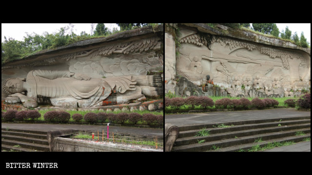 Estatua de Buda reclinado situada en la montaña de Lingyun antes de ser cubierta.