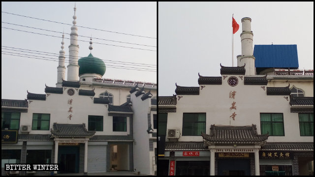 Los símbolos islámicos que se hallaban situados en la parte superior de una mezquita emplazada en el condado de Bo’ai, administrado por la ciudad Jiaozuo de Henán, fueron reemplazados por una bandera nacional.