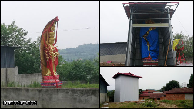 La estatua de Kwan Yin de las mil manos situada en las afueras del Templo de Baimiaozi antes y después de ser ocultada.