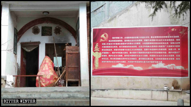 En el templo de Xiangshan se retiró una estatua de Buda y se colocaron carteles propagandísticos.