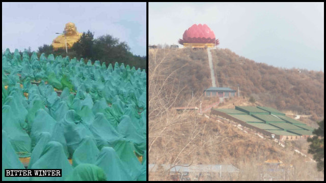 Las 800 estatuas de Arhats han sido cubiertas con telas verdes y el Buda con una estructura similar a un loto gigante.