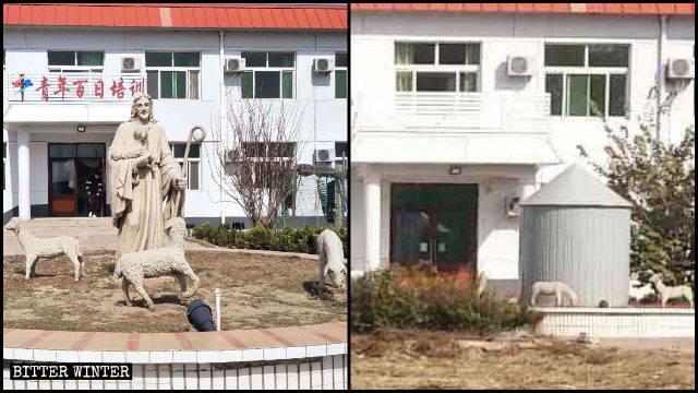 El letrero del edificio que decía “Entrenamiento juvenil de cien días” y la estatua de Jesús fueron cubiertos.