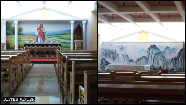 Un mural religioso con la imagen de Jesús fue cubierto con un dibujo de un paisaje.